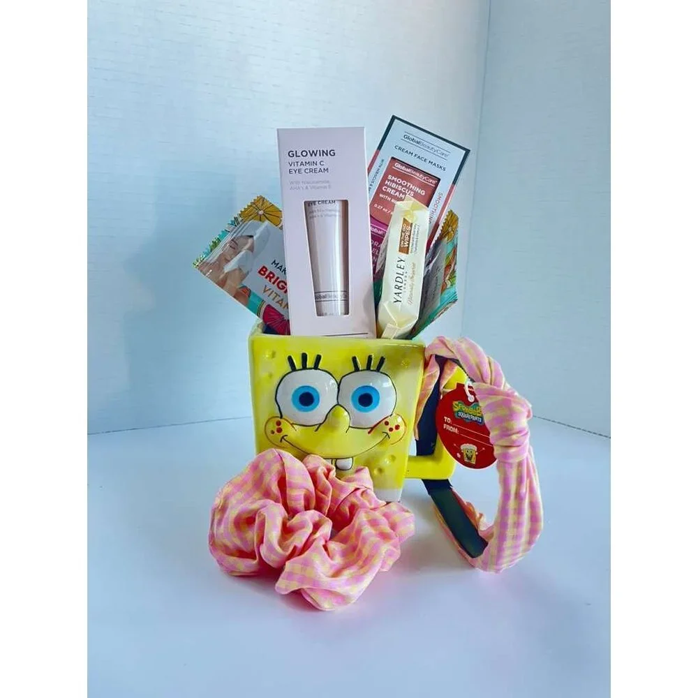 SpongeBob Gift Mug Set W/ Skincare Cream Face Mask Vitamin C Wipes & Pink Scrunc